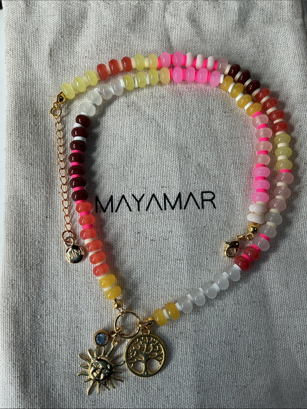 Gold Sun, Tree of Life Charm 
Multicolor Beaded Necklace